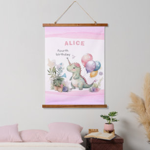Dino Party Watercolor Girl Pink Birthday Hanging Tapestry