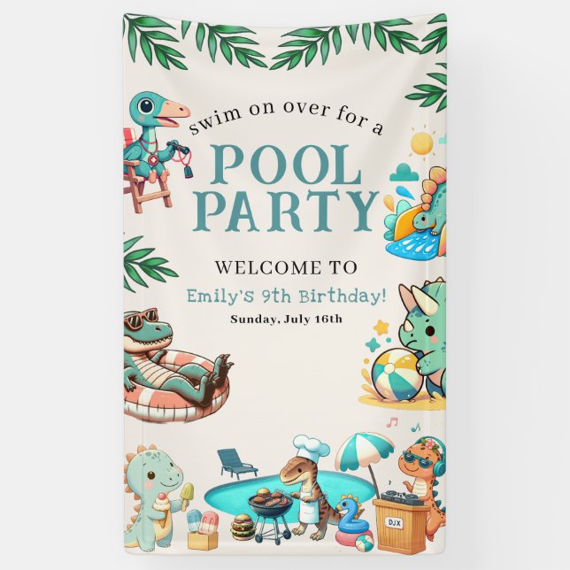 Dino Pool Party Birthday Invitation Banner (Vertical)