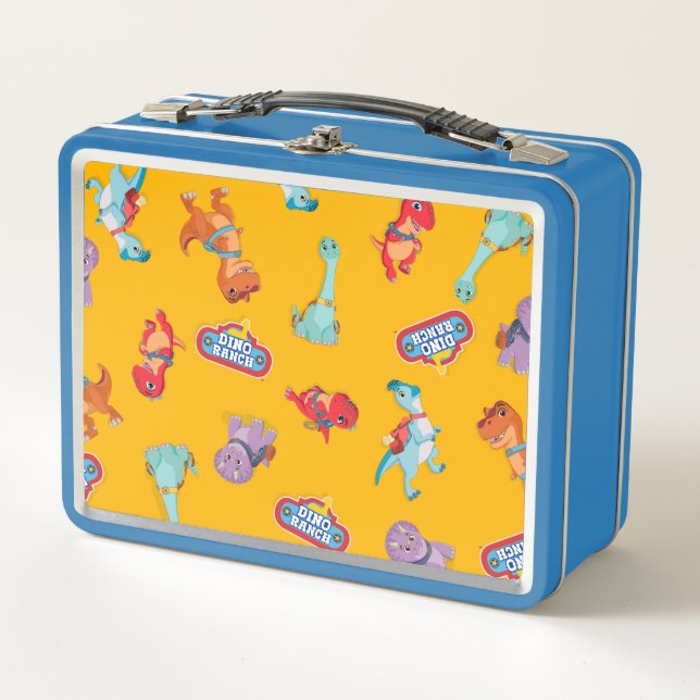 Dino Ranch Pattern on Yellow Metal Lunch Box (Front)