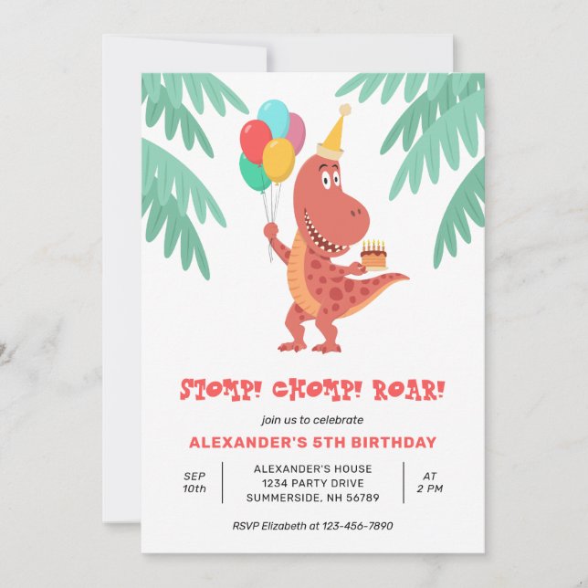 Dino Rex Dinosaur Cake Balloon 5th Birthday Party Invitation (Front)