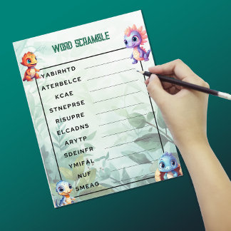 Dino Roar Word Scramble Party Game Sheet