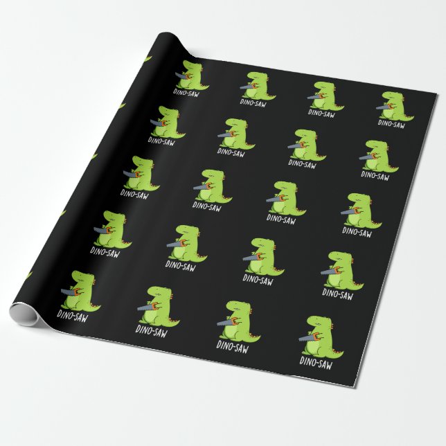 Dino-saw Funny Dinosaur Tool Pun Dark BG Wrapping Paper (Unrolled)