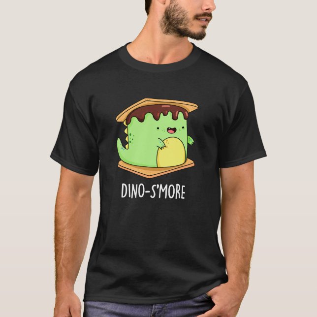 Dino-smore Funny Dinosaur Smore Pun Dark BG T-Shirt (Front)