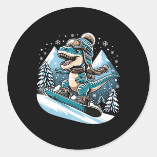 Dino Snowboarding Fun Cool Snowboard For Men Women Classic Round Sticker