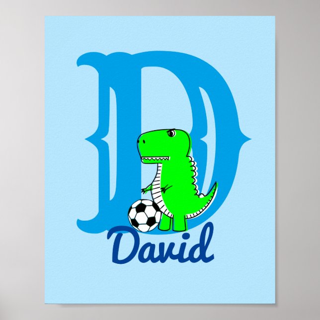 Dino Soccer Drawing Nursery Art Custom Name Poster (Front)