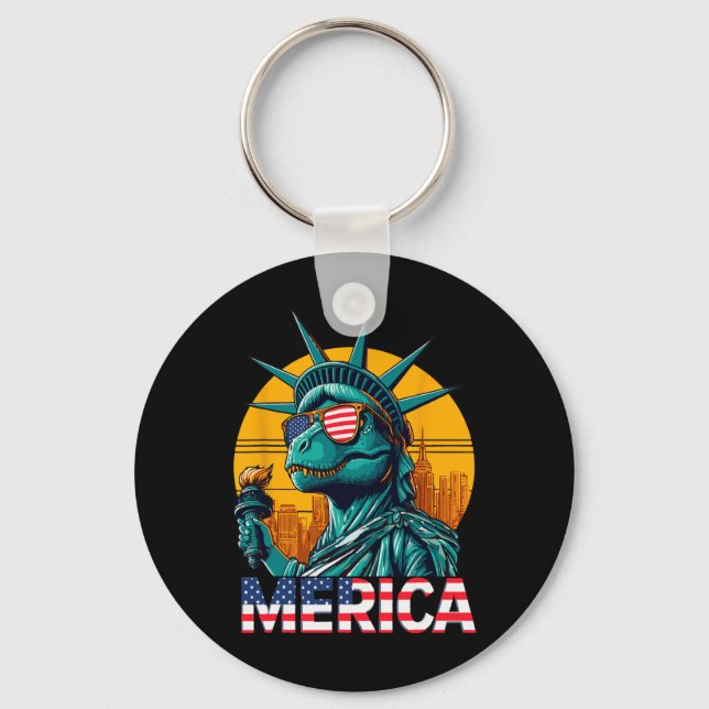 Dino Statue Of Liberty 4th Of July Trex Boys Ameri Key Ring (Front)