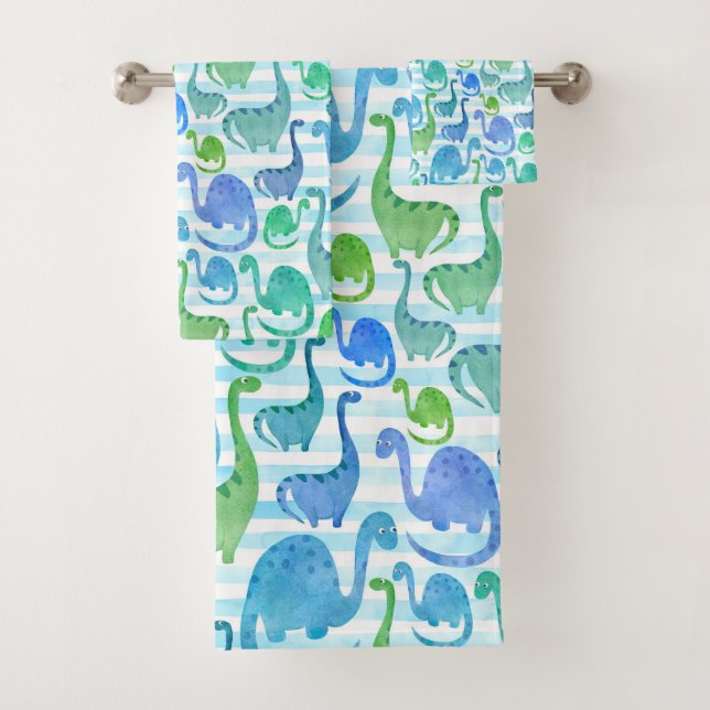 Dino Stripe Watercolor Dinosaurs Adorable Bath Towel Set (Insitu)