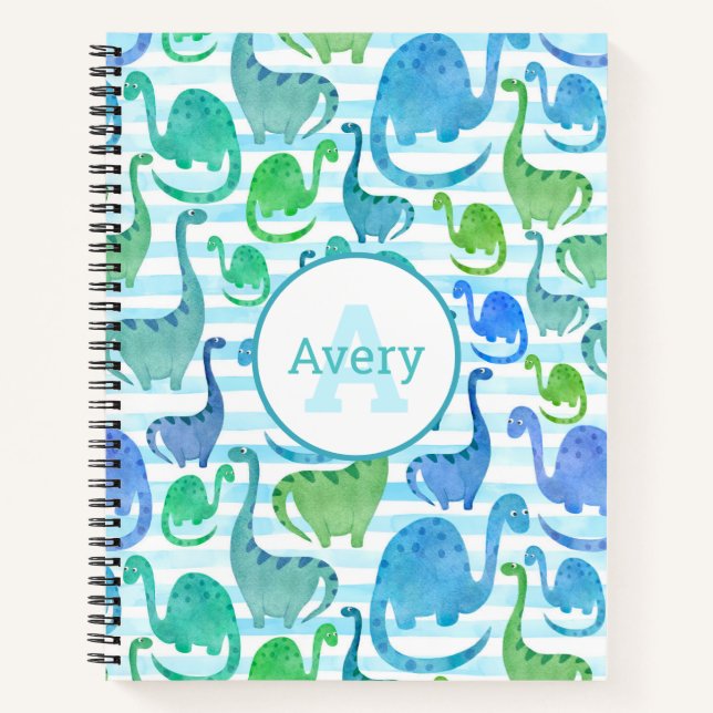 Dino Stripe Watercolor Dinosaurs Personalised Notebook (Front)