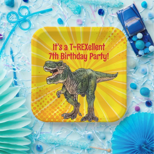 Dino T-Rex Dinosaur Funny Birthday Boy Yellow Paper Plate (Party)