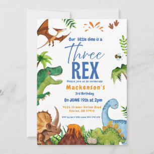 Dino three rex 3rd boy Dinosaur birthday party Invitation