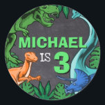 Dino Trex Jurassic Boy Dinosaur Birthday Classic Round Sticker<br><div class="desc">This dinosaur design is great for the birthday boy in your life. Give them a dino-mite bday with this dino themed design featuring a trex,  triceratops,  brontosaurus,  and raptor.</div>