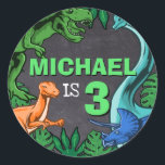 Dino Trex Jurassic Boy Dinosaur Birthday Classic Round Sticker<br><div class="desc">This dinosaur design is great for the birthday boy in your life. Give them a dino-mite bday with this dino themed design featuring a trex,  triceratops,  brontosaurus,  and raptor.</div>