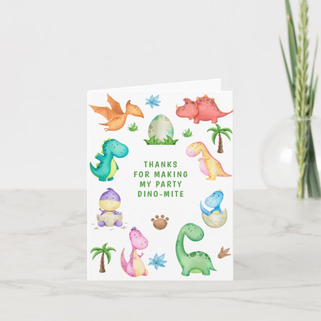 Dino Tyrannosaur T-Rex Green Birthday Party Thank You Card (Front)