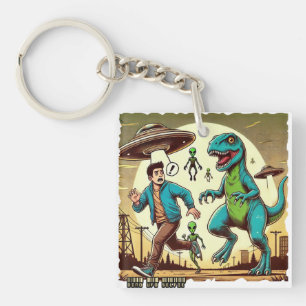 Dino UFO Selfie: Vintage Panic (Keychain Dinosaur) Key Ring