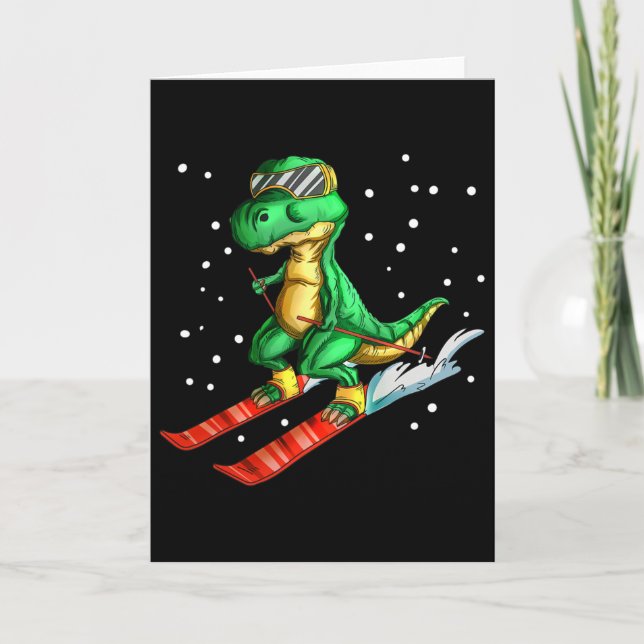Dino With Ski Goggles Skier Dinosaur T-rex Skiing  Card (Front)