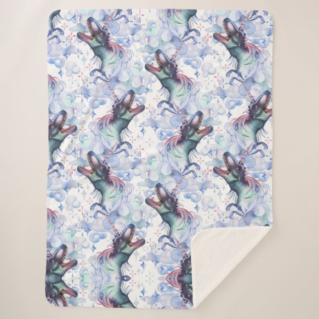 Dinocorn Clouds | Mystical Unicorn Horned Dinosaur Sherpa Blanket (Front)