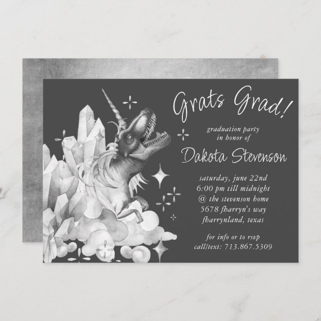 Dinocorn Crystal | Silver Grey Virtual Graduation Invitation (Front/Back)