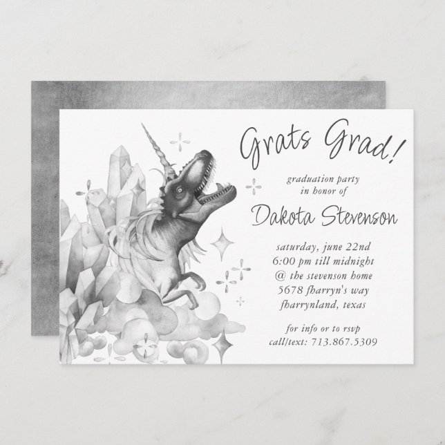 Dinocorn Crystal | Silver Monochrome Graduation Invitation (Front/Back)