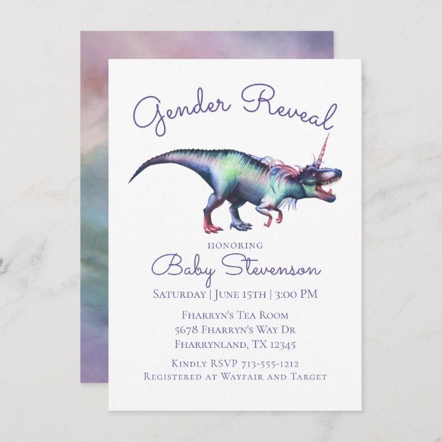 Dinocorn Gender Reveal | Colourful Unicorn Dinosau Invitation (Front/Back)