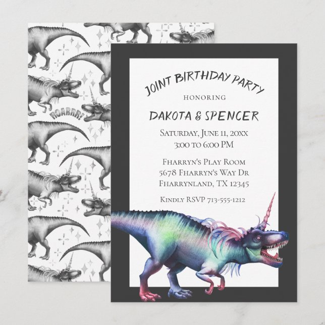 Dinocorn Joint Birthday Party | Unicorn Dinosaur Invitation (Front/Back)