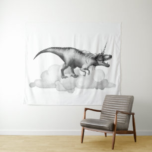 Dinocorn Silver   Fantasy Unicorn Horned Dinosaur Tapestry