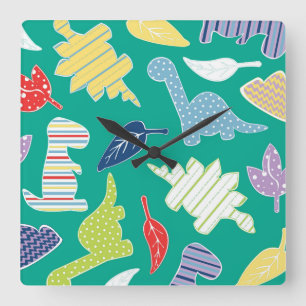 Dinomite! Cute Colourful Dinosaur Pattern Green Square Wall Clock