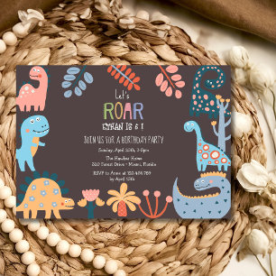 Dinos let's roar kids birthday invitation