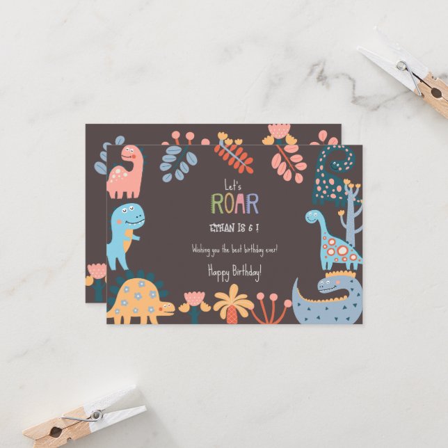 Dinos let's roar kids happy birthday  card (Front/Back In Situ)