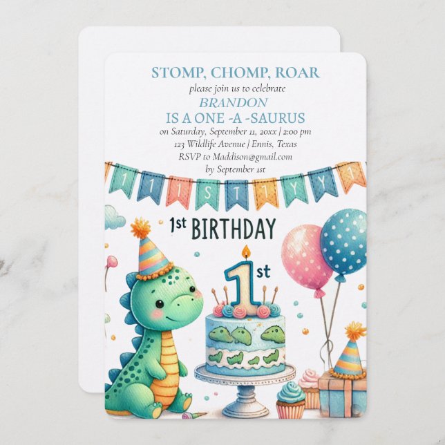 Dinosaur 1st Birthday Boy Stomp Chomp Roar Invitation (Front/Back)