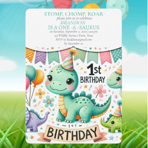 Dinosaur 1st Birthday Boy Stomp Chomp Roar Invitation