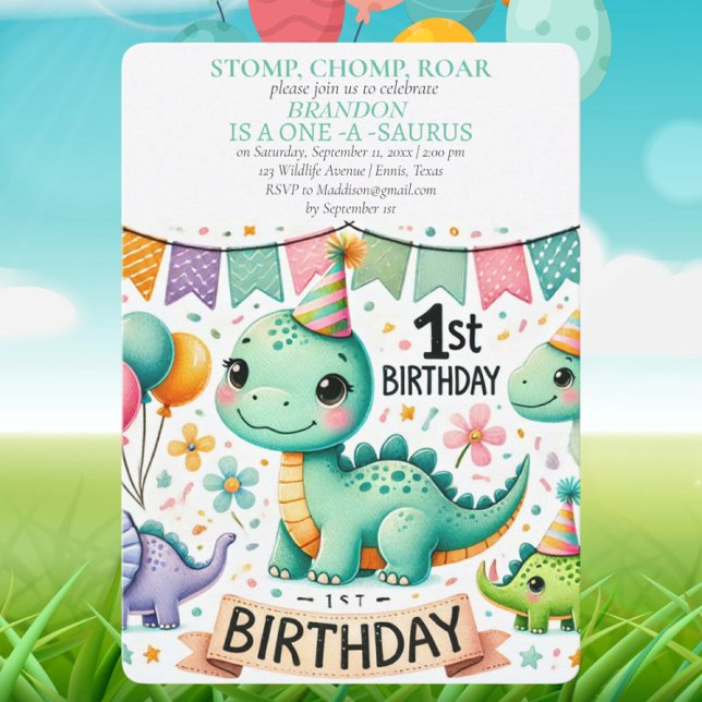 Dinosaur 1st Birthday Boy Stomp Chomp Roar Invitation (Creator Uploaded)