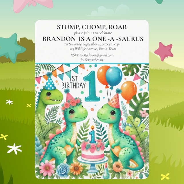 Dinosaur 1st Birthday Boy Stomp Chomp Roar Invitation (Creator Uploaded)