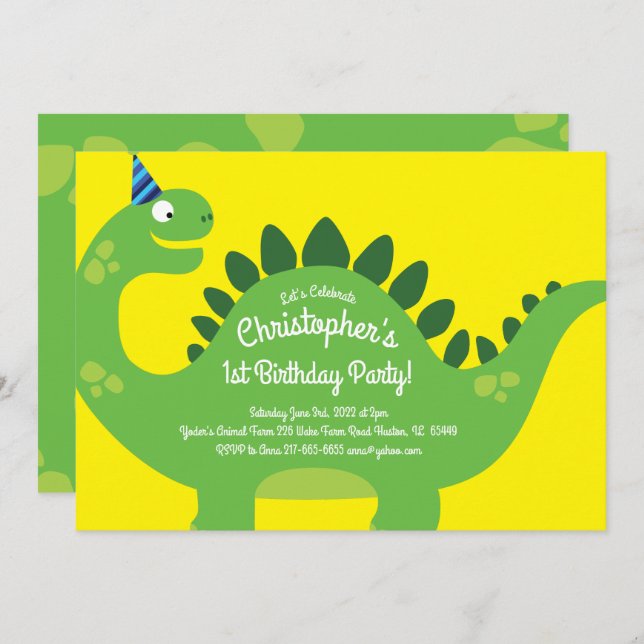 Dinosaur 1st Birthday Cute Invitations (Front/Back)