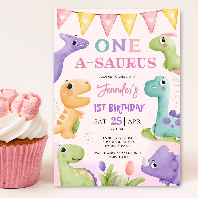 Dinosaur 1st Birthday Girl Cute One A-Saurus Party Invitation (Creator Uploaded)