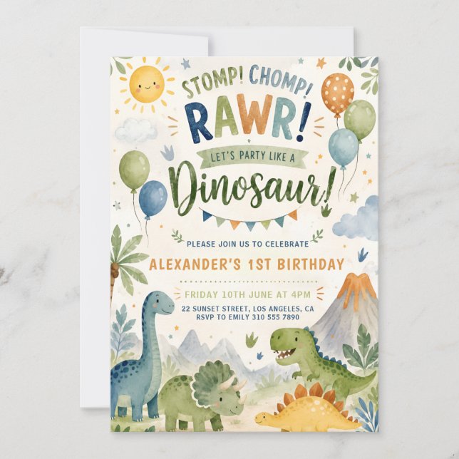 Dinosaur 1st Birthday Invitation Boy (Front)