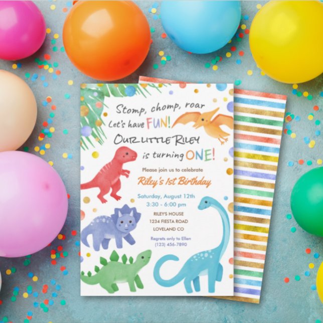 Dinosaur 1st Birthday Invitation Colorful Cute (Creator Uploaded)