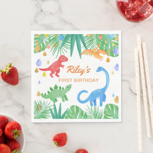 Dinosaur 1st Birthday Invitation Colorful Cute Napkin