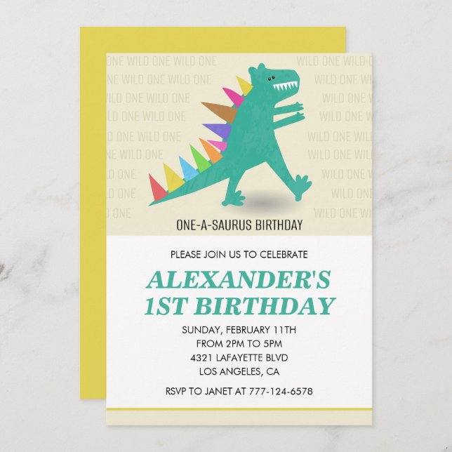 Dinosaur 1st birthday invitation Rainbow t rex (Front/Back)