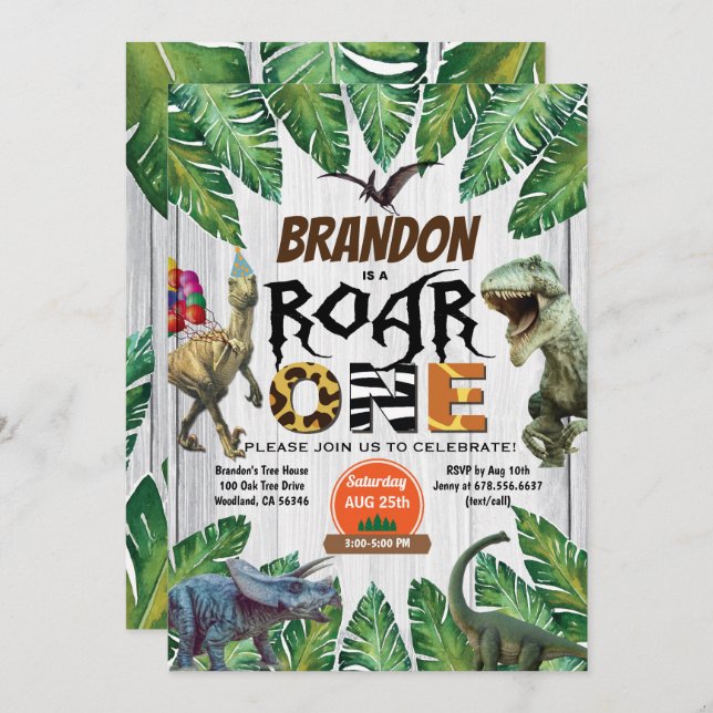 Dinosaur 1st birthday invitation Roar one jurassic (Front/Back)