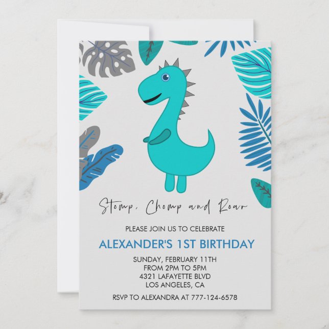 Dinosaur 1st birthday invitation stomp chomp roar  (Front)