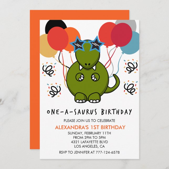 Dinosaur 1st birthday invitations Girl Funny dino (Front/Back)