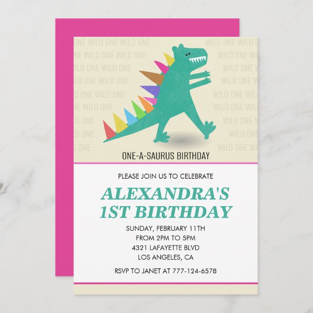 Dinosaur 1st birthday invitations Girl pink  (Front/Back)