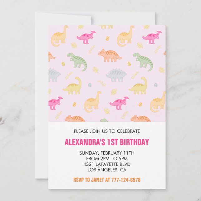 Dinosaur 1st birthday invitations girl pink jungle (Front)