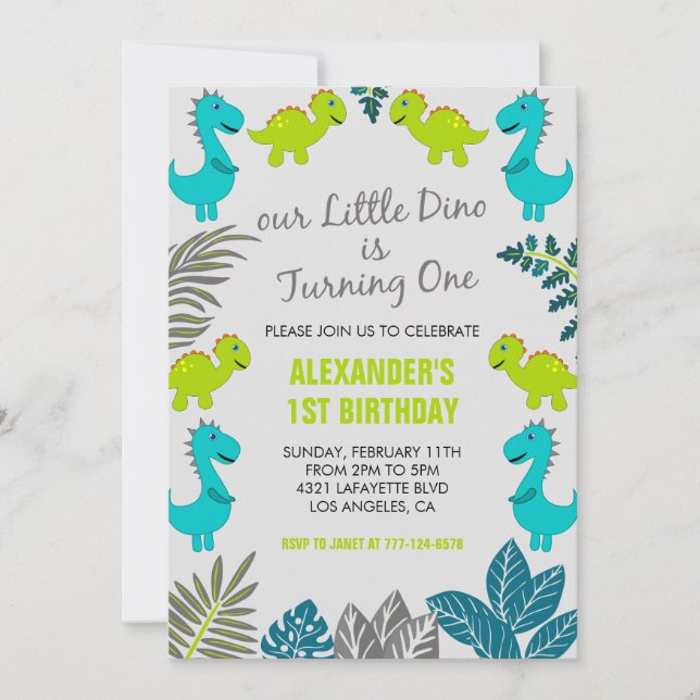 Dinosaur 1st birthday invitations jungle kids blue (Front)