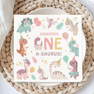 Dinosaur 1st Birthday One A-Saurus Girl Dino Paper Napkin