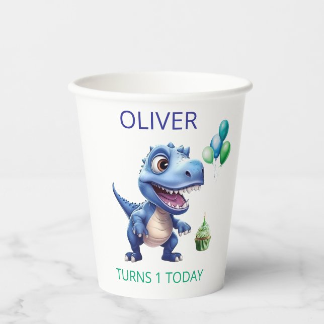 Dinosaur 1st Birthday Paper Cups Boy  Personalised (Front)