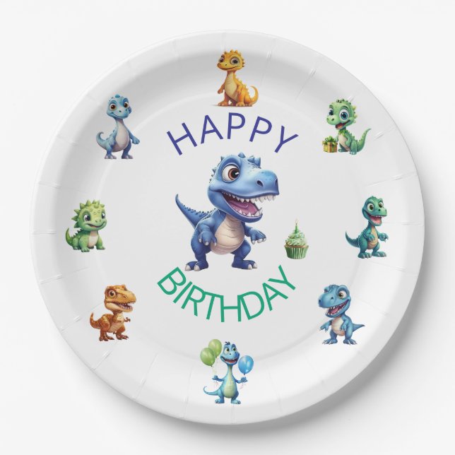 Dinosaur 1st Birthday Paper Plates Boy - Editable (Front)