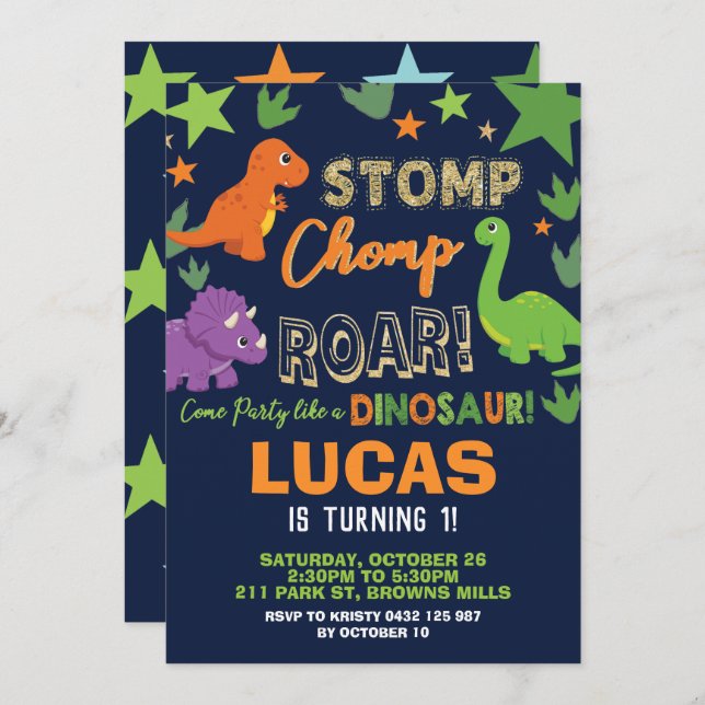 Dinosaur 1st Birthday Party Boy Stomp Chomp Roar Invitation (Front/Back)