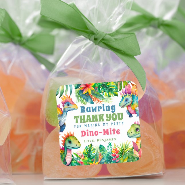 Dinosaur 1st Birthday Party Boy Tropical Thank You Square Sticker (Creator Uploaded)