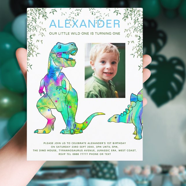 Dinosaur 1st Birthday Party Budget  Invitation Postcard (Colorful Dinosaur wild one 1st birthday party invitation with photo template T-Rex and stegosaurus )